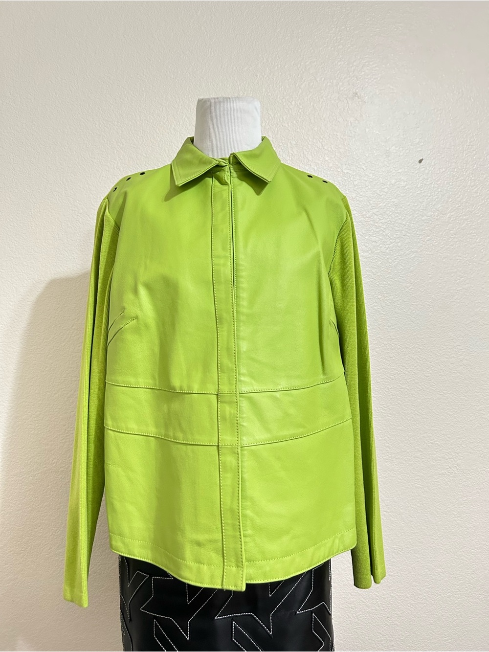Lime Green Leather Jacket with Knit Sleeves